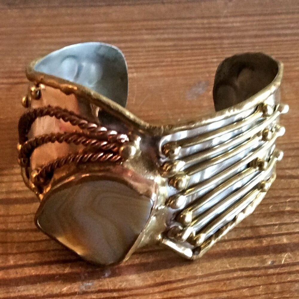 Handcrafted Brutalist Cuff Bracelet Hammered Metal with Stone Vintage Artisan